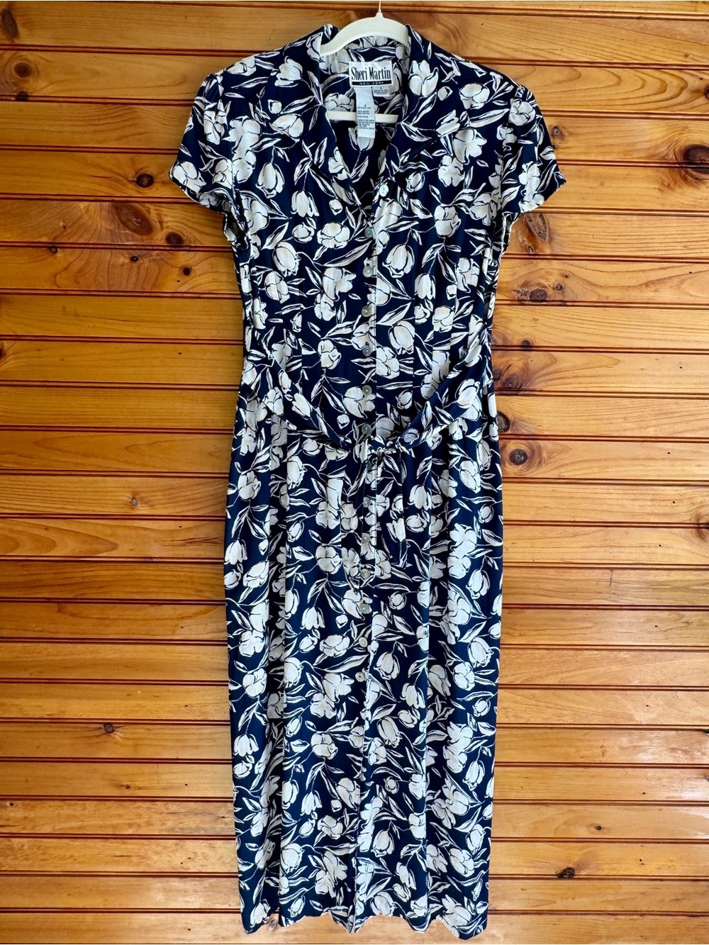 90s Floral Midi Dress 8 Navy Ivory Tulip Belted Vintage Sheri Martin Romantic